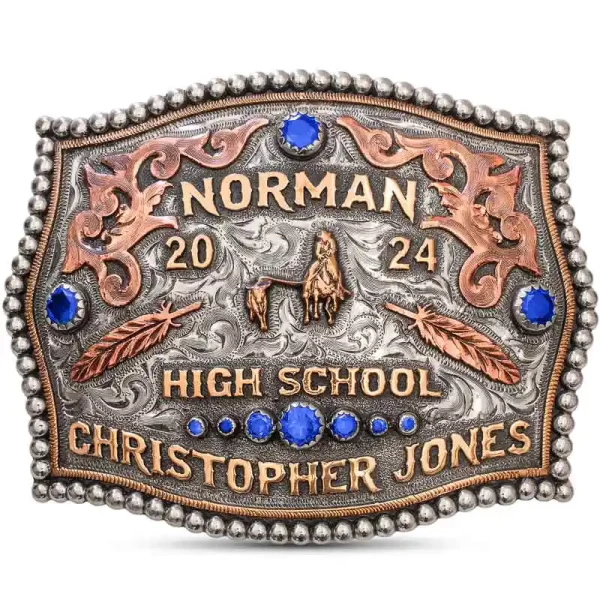 Celebrate your western spirit with the Sooners Belt Buckle—hand-engraved German Silver base with a antique finish, copper overlays, and sparkling Zirconias. Perfect for young rodeo enthusiasts!